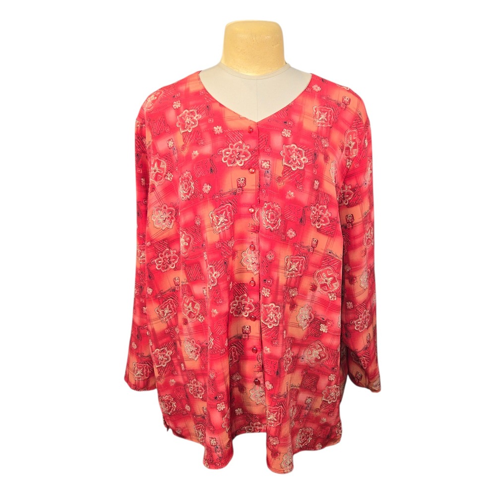 Maggie Barnes Button Front Blouse Womens Plus‎ Red Orange Floral Plaid Lagenlook